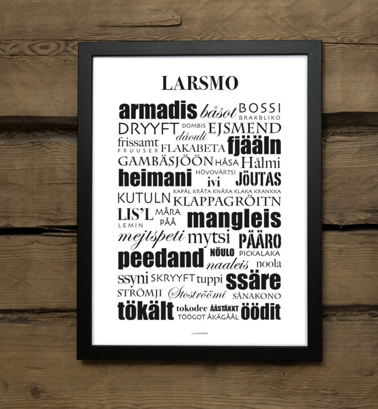 Larsmo dialekt-tavla poster affisch plansch dialekttavla Gunnarsberga texttavla presenter Strandis Smokehouse Strandcamping