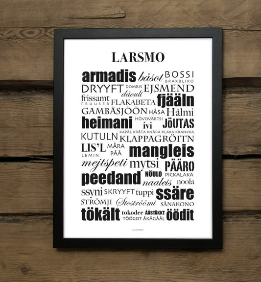 Larsmo dialekt-tavla poster affisch plansch dialekttavla Gunnarsberga texttavla presenter Strandis Smokehouse Strandcamping