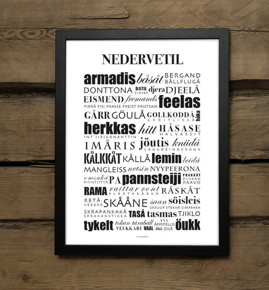 Nedervetil dialekt-tavla dialekt-poster affisch plansch Österbotten roliga presenter på österbottniska dialekter från Gunnarsberga presenttips ordkonst